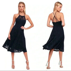 Lulu’s NWT My Kingdom Navy Blue Lace Strappy‎ Back Midi Dress Womens Size…